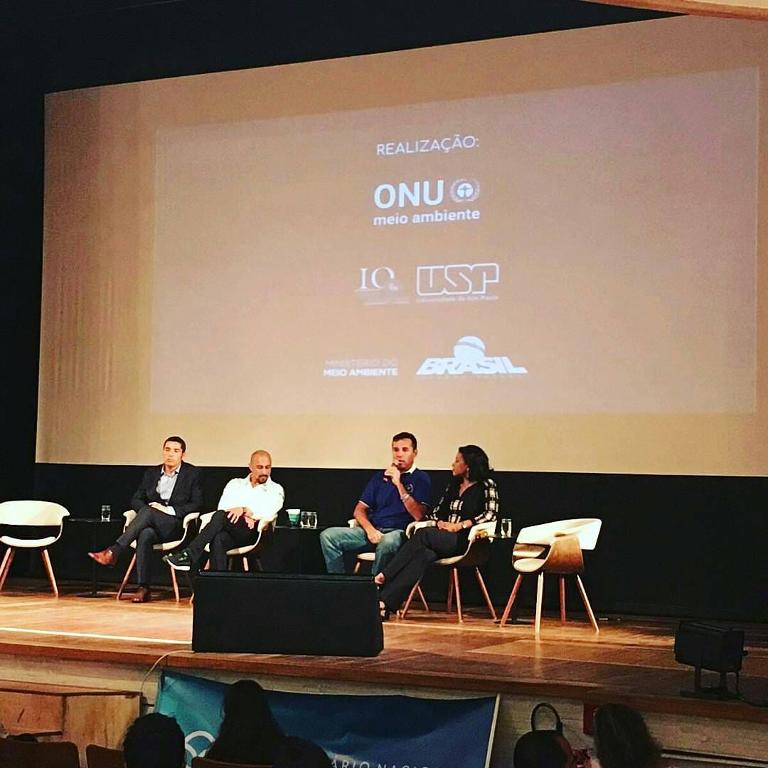 Painel em auditório com realização da ONU Meio Ambiente, USP e Ministério do Meio Ambiente