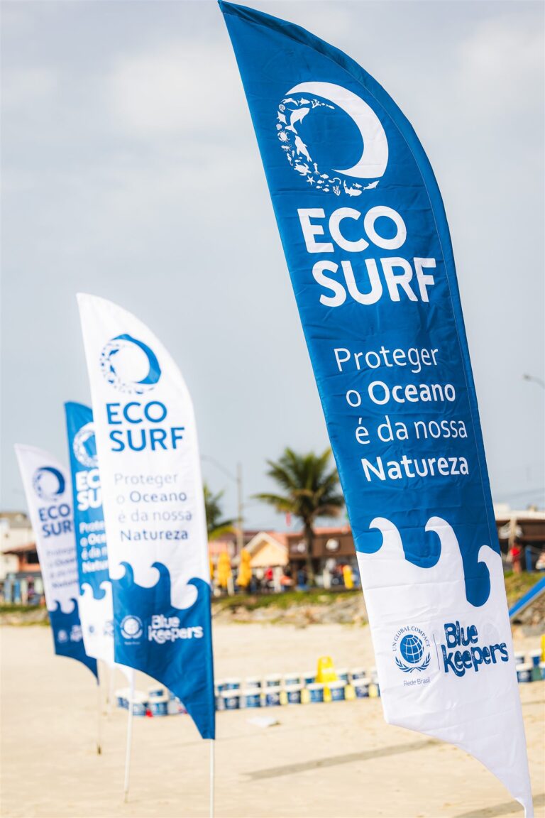Bandeiras do Ecosurf na praia, em formato vertical