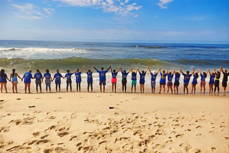 Voluntários de mãos dadas em linha na beira do mar