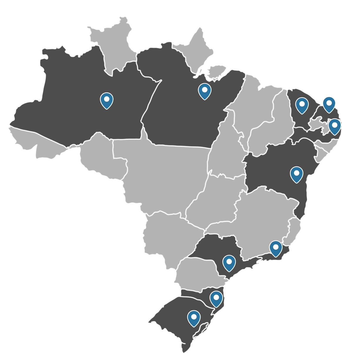 Mapa do Brasil com os pontos de atuação do Projeto Limpeza de Praia