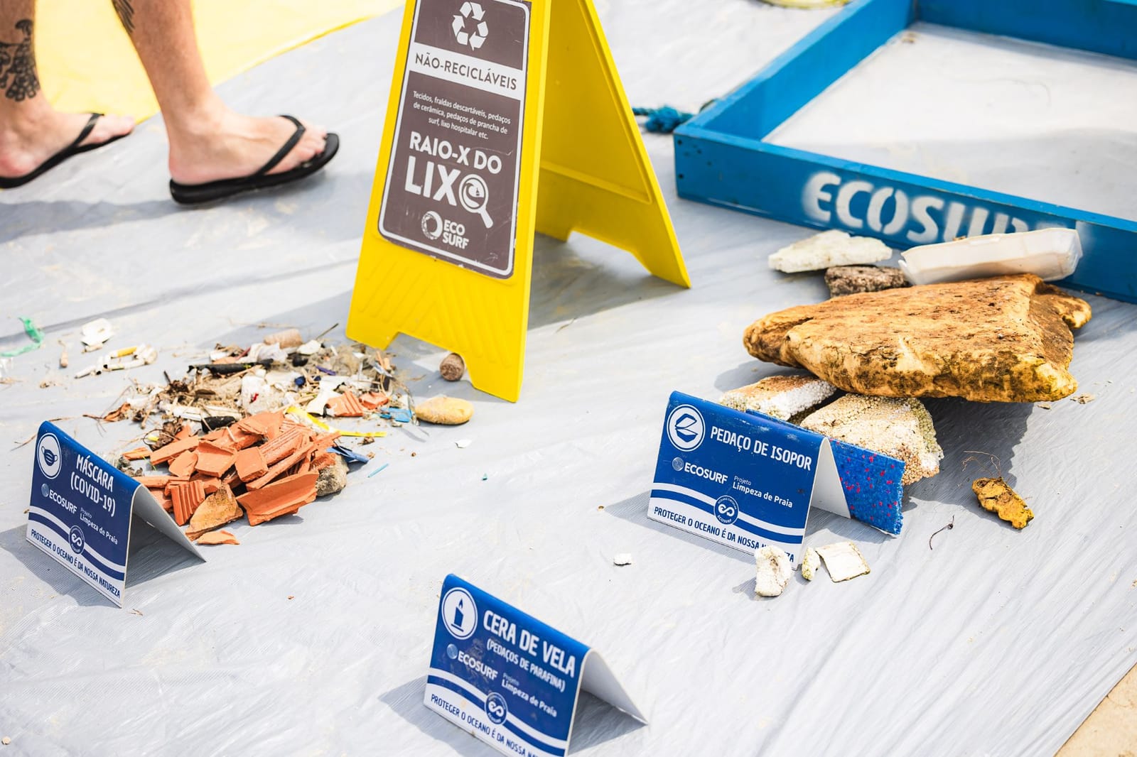 Resíduos não recicláveis separados com as placas Máscara, Pedaço de isopor e Cera de vela