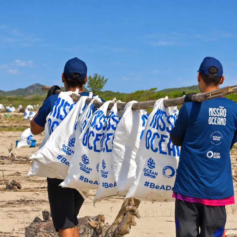 Voluntários da Missão Oceano carregam sacos de resíduos coletados na praia presos a um tronco