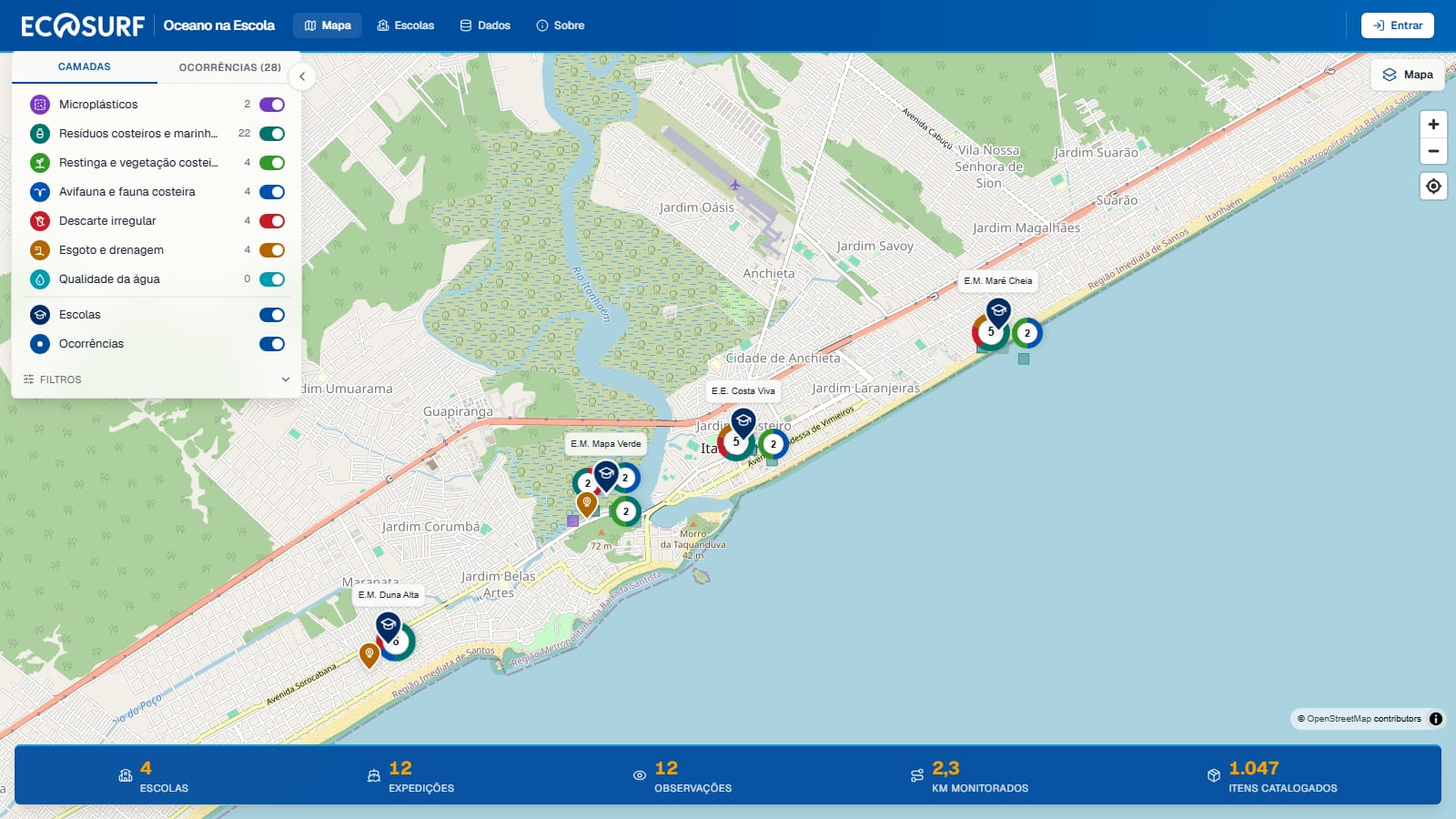 Mapa Participativo do portal Oceano na Escola com escolas e ocorrências registradas no litoral de Itanhaém