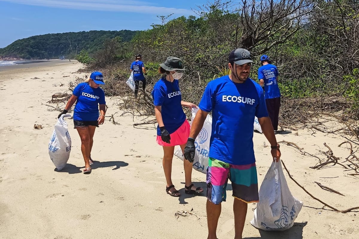 Voluntários do Ecosurf recolhendo resíduos na restinga