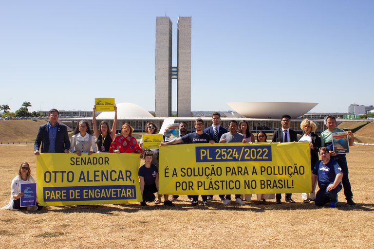 Mobilização em Brasília com faixas sobre o PL 2524/2022