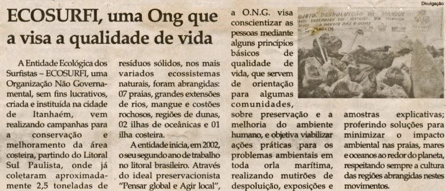 Recorte de jornal com a reportagem Ecosurfi, uma Ong que visa a qualidade de vida