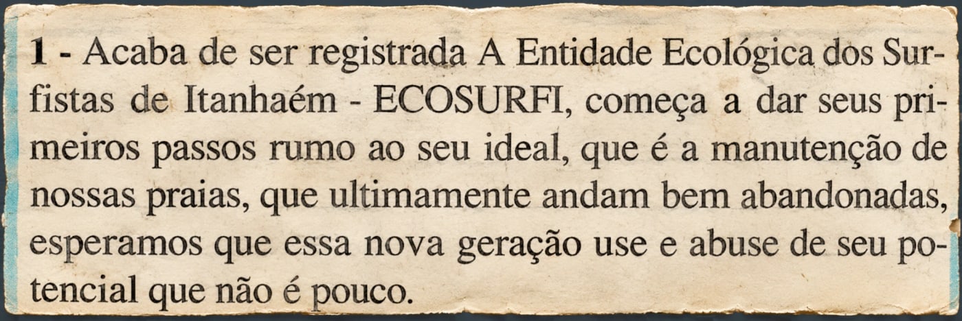 Recorte de jornal com nota sobre o registro da Entidade Ecológica dos Surfistas de Itanhaém