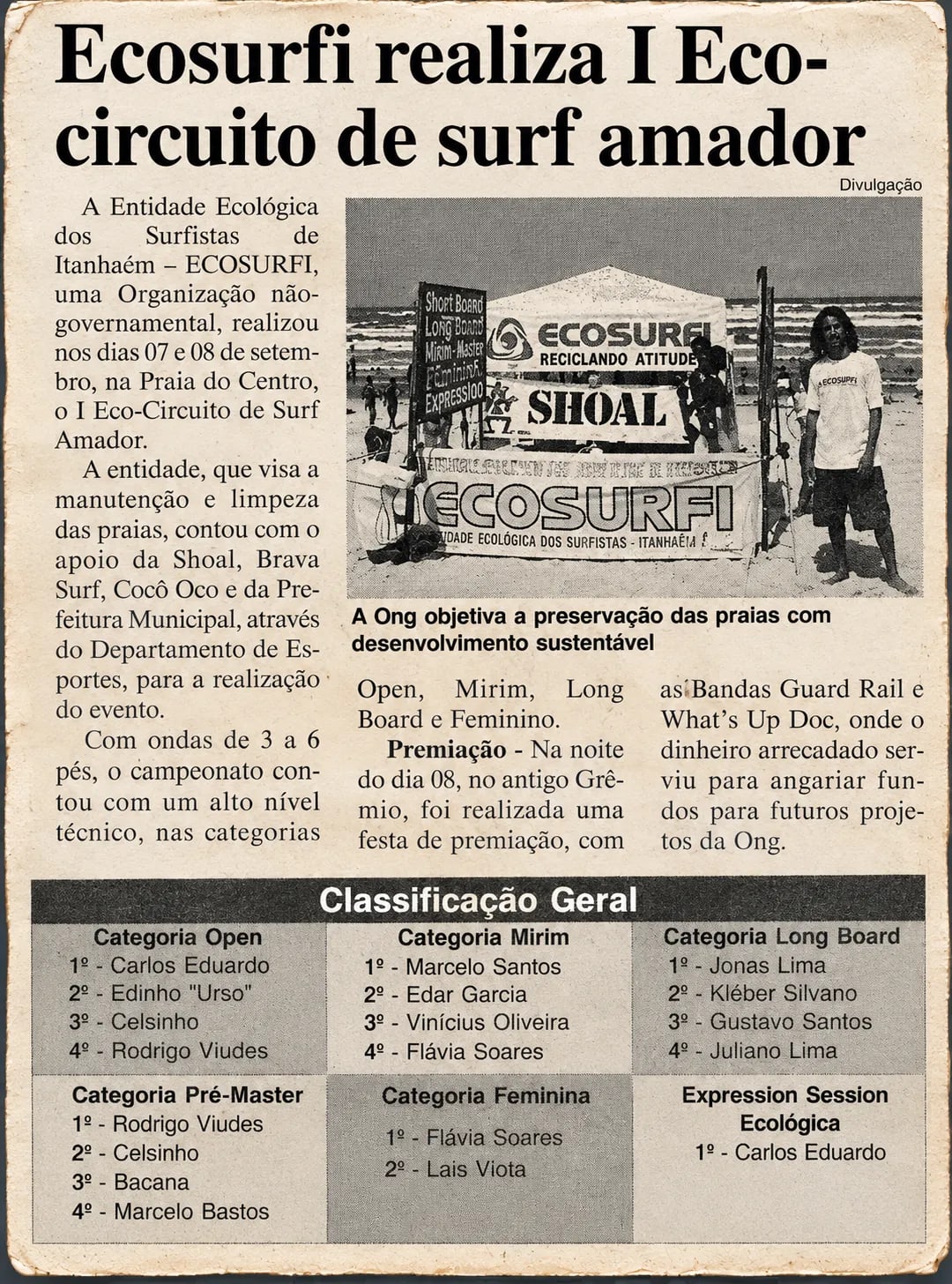 Recorte de jornal com a reportagem Ecosurfi realiza I Eco-circuito de surf amador, com foto da tenda do evento na praia