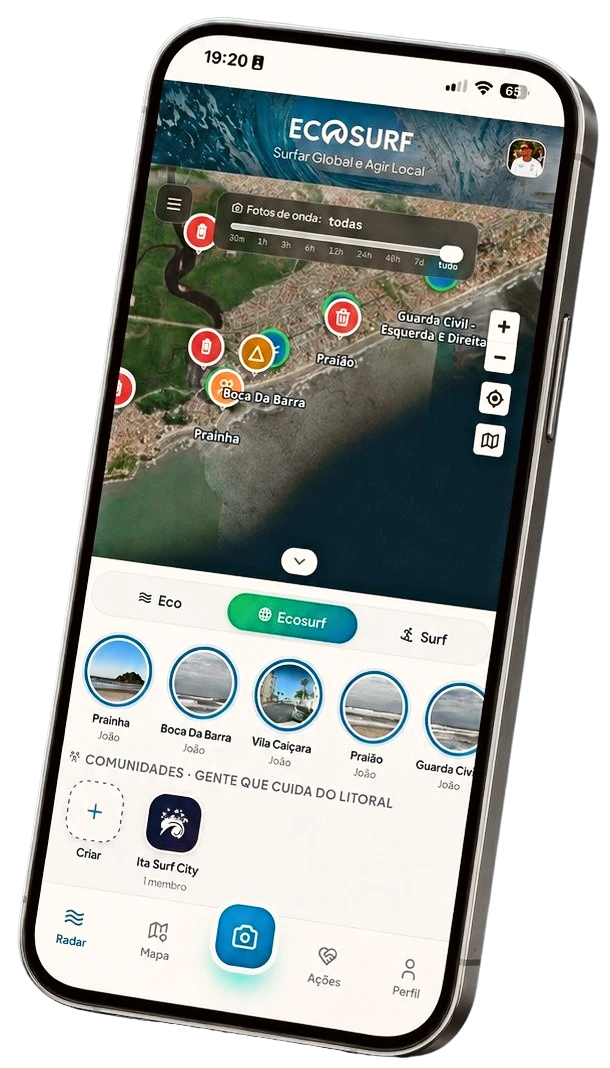 Tela do Ecosurf App no celular, com o mapa do litoral, fotos de ondas e comunidades
