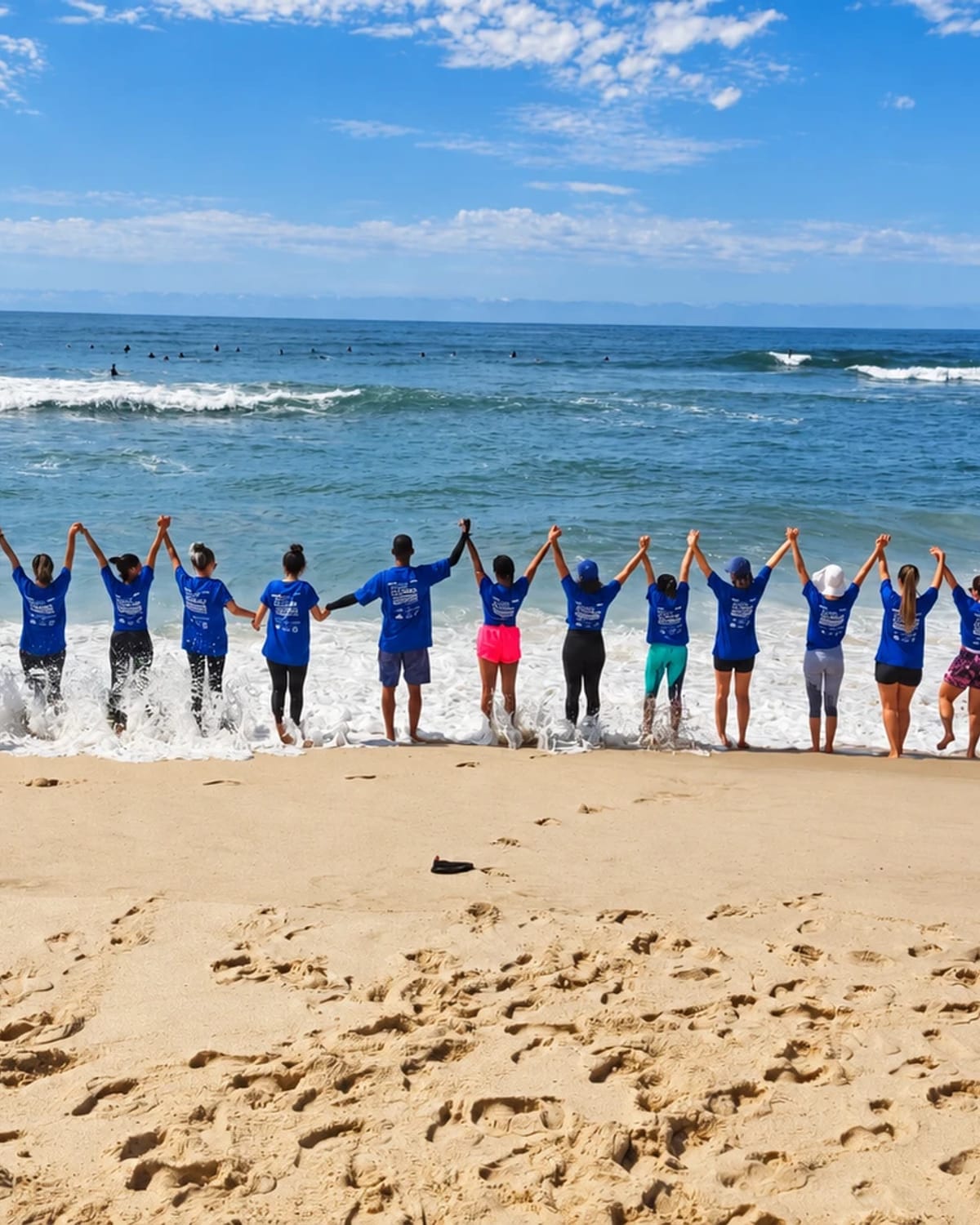Grupo de mãos dadas e braços erguidos na beira do mar
