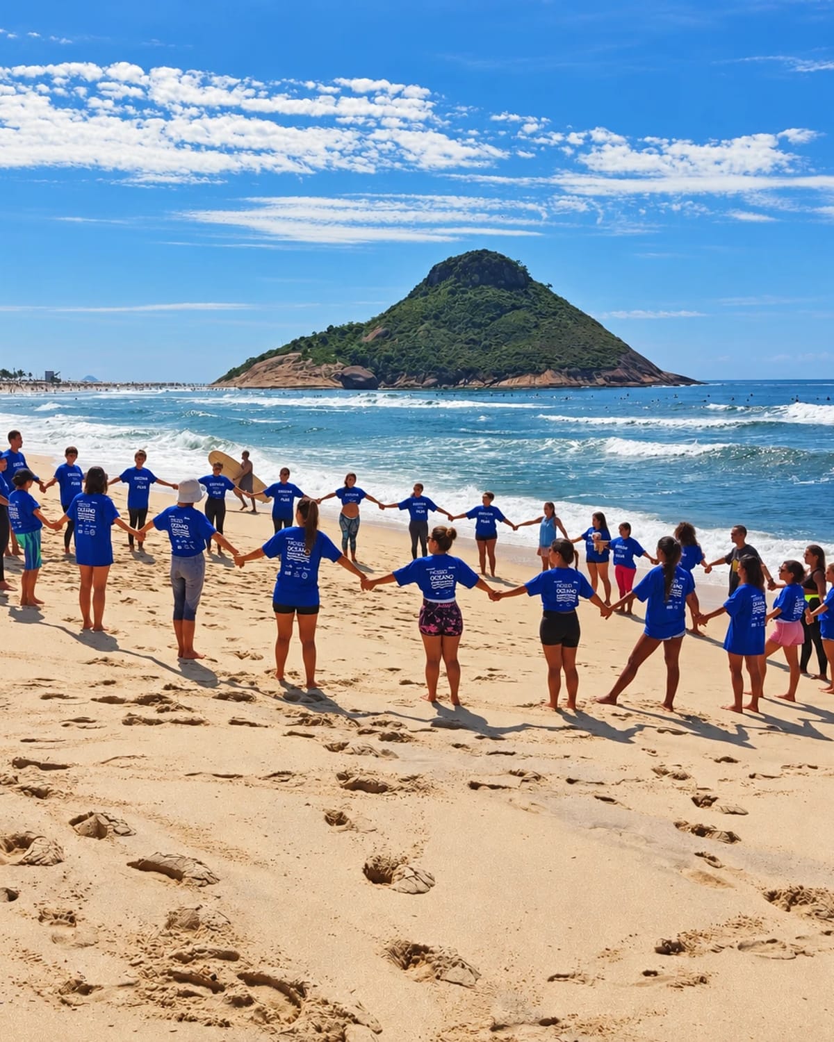 Participantes de mãos dadas formam uma roda na areia, diante do mar