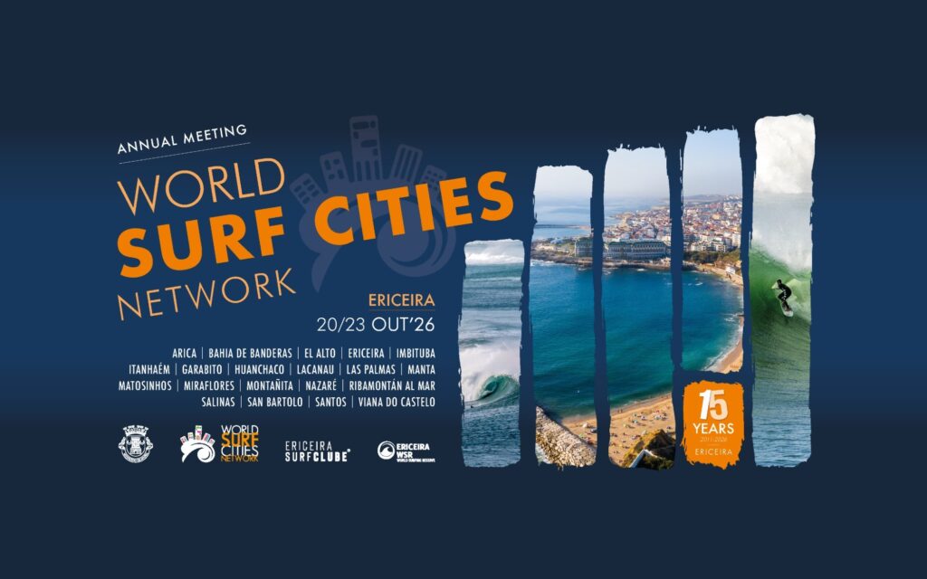 Cartaz do Encontro Anual da World Surf Cities Network, de 20 a 23 de outubro de 2026, na Ericeira, com a lista das cidades da rede e o selo de 15 anos