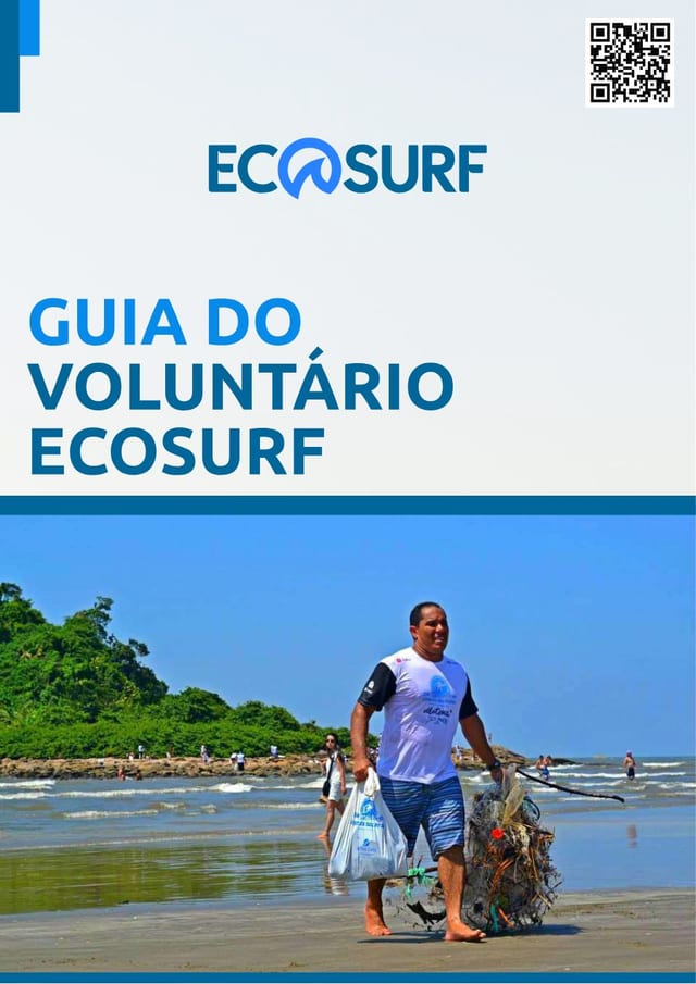 Capa do Guia do Voluntário Ecosurf, com um voluntário recolhendo resíduos na praia