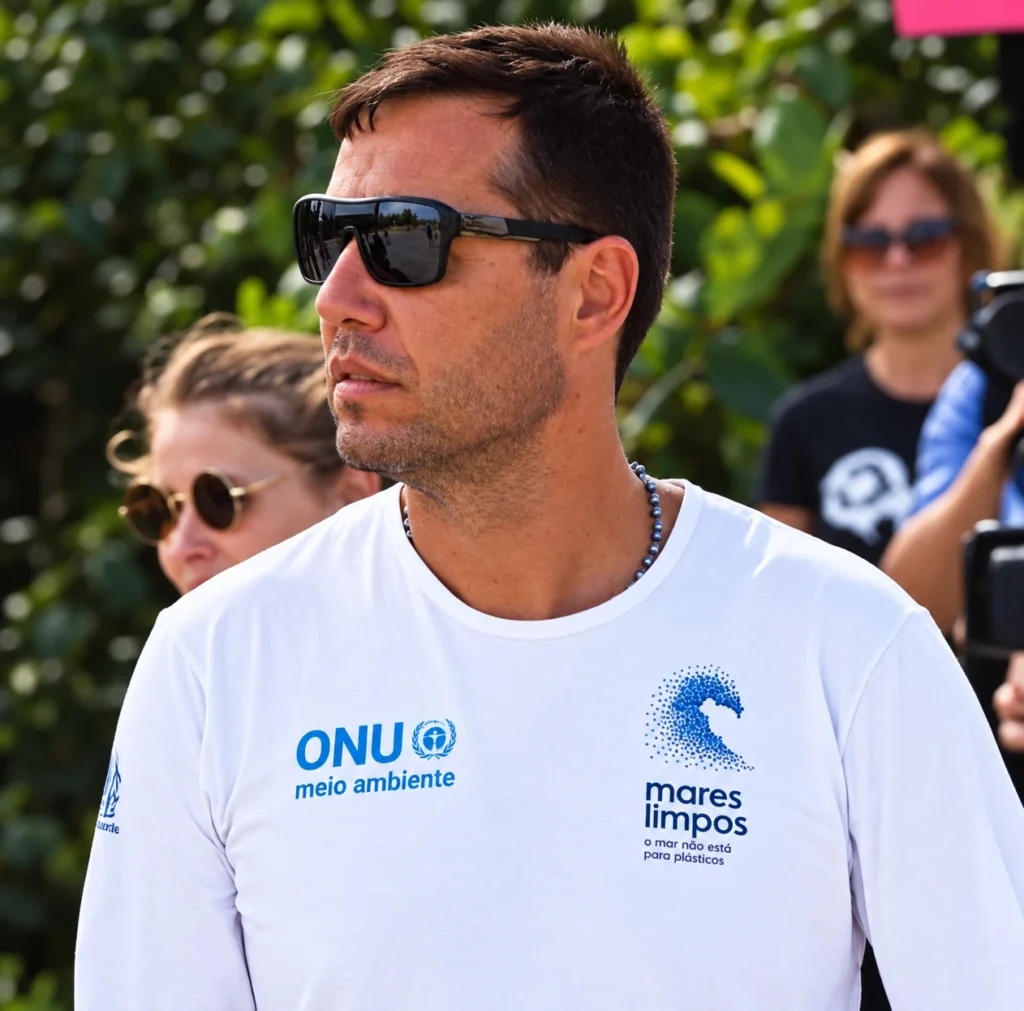 João Malavolta, cofundador e CEO do Instituto Ecosurf, com camiseta da campanha Mares Limpos