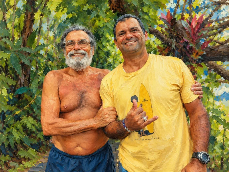 Tito Rosemberg, de barba branca e óculos, à esquerda, e Vinícius Grauçá, de camiseta amarela com desenho de prancha, à direita, abraçados e sorrindo entre árvores