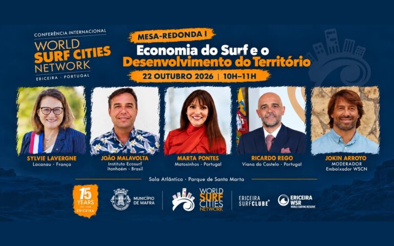 Arte da Mesa-Redonda I, Economia do Surf e o Desenvolvimento do Território, em 22 de outubro de 2026, com Sylvie Lavergne, João Malavolta, Marta Pontes, Ricardo Rego e o moderador Jokin Arroyo